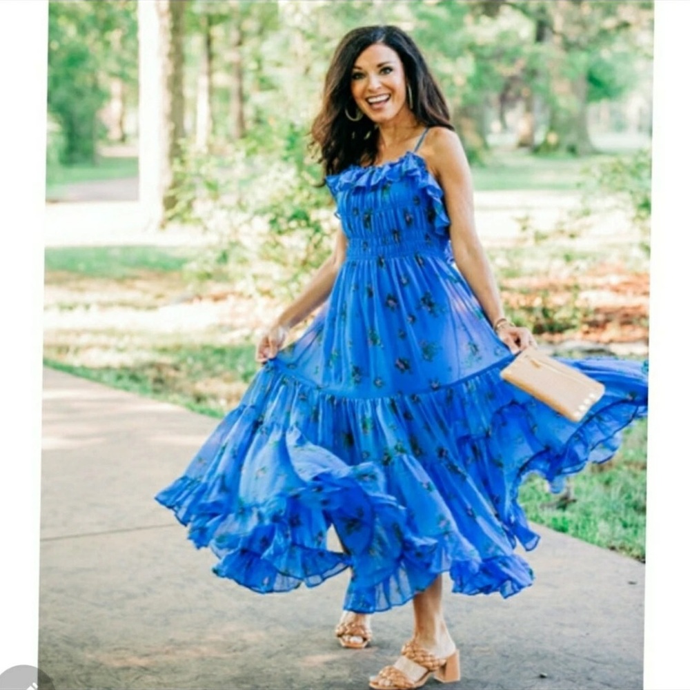 Free People Cloud Nine Smocked Ruffle Maxi Dress Blue Floral Size Small - Picture 9 of 10